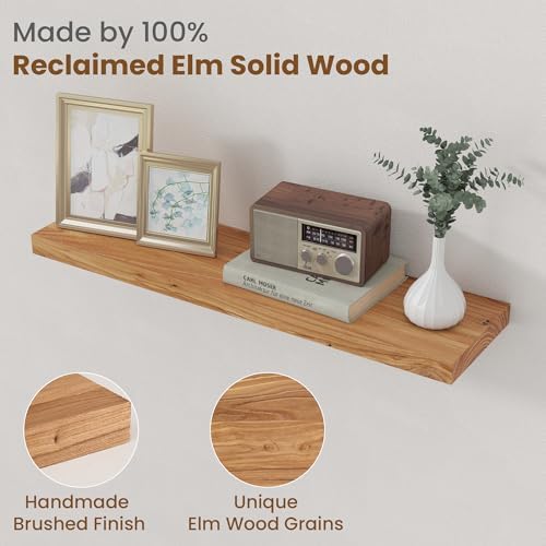 Floating Shelves for Wall Decor, 8" Deep Rustic Solid Elm Wood Floating Shelves Wall Mounted, Wall Shelves with Invisible Bracket for Living Room Bathroom Bedroom Kitchen, 30 Inch Set of 2, Natural - Image 3