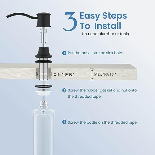 KIBI Countertop Refillable Soap Dispenser for Kitchen Sink | 8.5 Ounce Capacity with Easy Pump Action | Durable Stainless Steel Pump and Matte Black Finish for Corrosion Resistance (KSD101) - Image 6