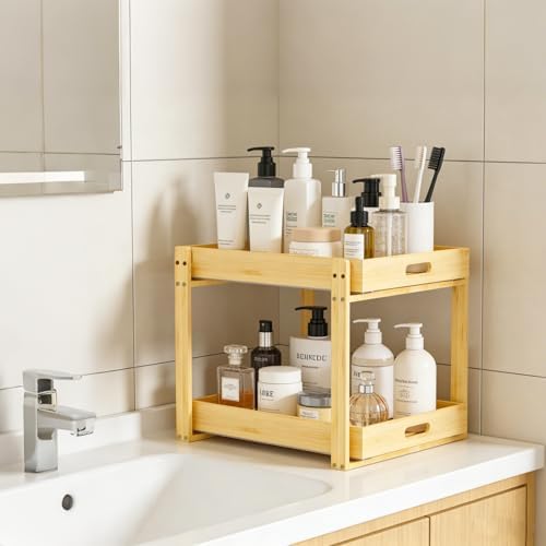 Bamboo Under Bathroom Sink Organizer - 2-Tier Pull Out Kitchen Undersink Organizer Storage Cabinet Shelf with Adjustable Levels, Under Sink Storage Slide Out for Pantry - Image 4