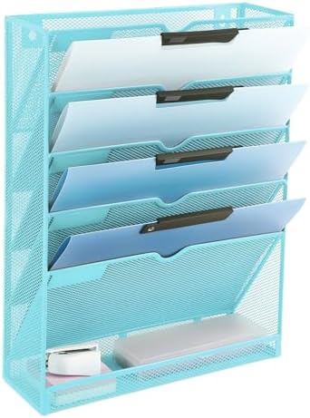 EASEPRES 6 Tier Mesh Hanging Wall File Organizer, Desk Vertical Mail Paper Document Folder Holder Rack with Bottom Tray and Nametag Label for Office Home School, Blue by EASEPRES