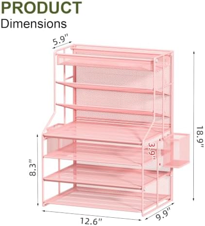 Pink 7 Tier Desk File Organizer, Metal Letter Tray Paper Organizer with Pull-Out Drawer, Removable Pen Holder & Hanging Basket, Vertical Desktop File Holder for Home Office, Classroom - Image 6