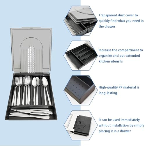 5-compartment kitchen utensil storage box with transparent lid - a fixed-compartment cutlery tray for kitchen drawer storage, a dust-proof container for forks, spoons, and knives - Image 3
