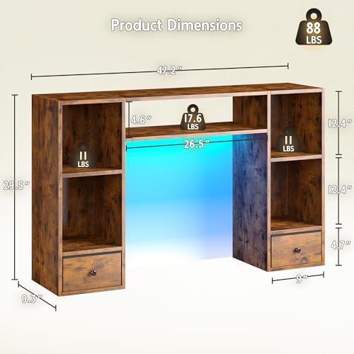 REIBII 47.2" Desktop Bookshelf, 6 Shelves & 2 Drawers, LED Lights, Brown - Image 2