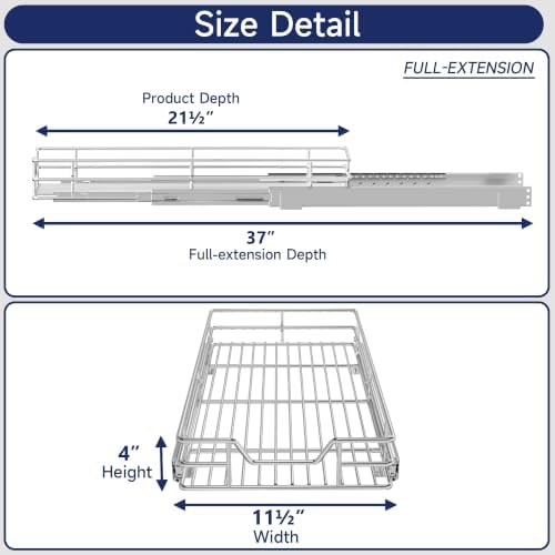 Pull Out Cabinet Organizer, 11.5" W x 21.5" D, Heavy Duty Chrome Slide Out Shelf for Narrow Base Cabinets, Sliding Wire Basket Drawer for Spices, Bottles, Snacks & Cleaning Supplies - Image 2