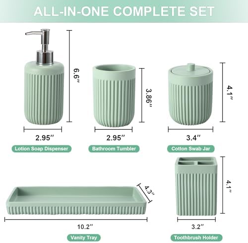 XLHOMO Resin Light Green Bathroom Accessories Set 5 Pcs, Lotion Soap Dispenser, Toothbrush Holder, Bathroom Tumbler, Qtip Holder and Vanity Tray, Bathroom Countertop Organizer Set for Modern Apartment - Image 2