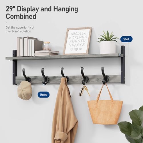 Tatub 29" Rustic Coat Rack Wall Mount with Shelf, Heavy Duty Wall Hooks with Shelf, Entryway Rustic Hat Rack Wall Coat Hangers for Living Room, Hallway, Kitchen - Image 2