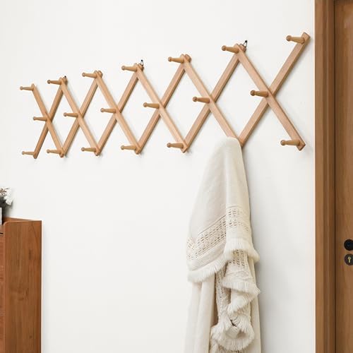 Dseap Accordian Wall Hanger: 16” High Wooden Wall Expandable Coat Rack, Hat Rack Holder, Accordion Hook for Baseball Caps, Coats, Mugs, 20 Peg Hooks, Natural - Image 2