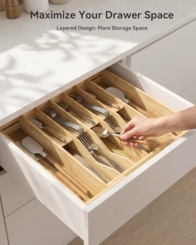 Expandable Utensil Drawer Organizer for Silverware,Bamboo 12 Slot - Image 3