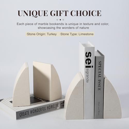 Koville Marble Bookends for Shelves, Large Bookends for Heavy Books, Natural Stone Book Stopper for Books CD Movies, Aesthetic Decorative Book Ends (Sail-Beige) - Image 5