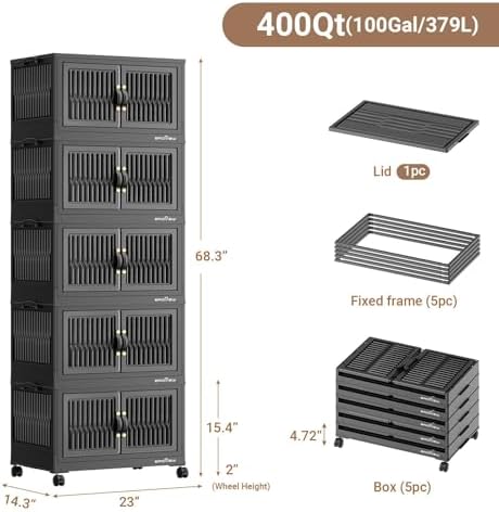 BROVIEW 400Qt Stackable Storage Bins with Lid, Extra Large Closet Organizer Collapsible Drawer Boxes with Wheels, Folding Plastic Cabinet Containers for Home Kitchen Room Organization, 5Pack Black - Image 2