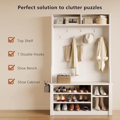 Aiho Hall Tree with Bench and Shoe Storage, 3-in-1 Entryway Hall Tree, with Adjustable Shoe Storage, for Entryway, Hallway, White - Image 2