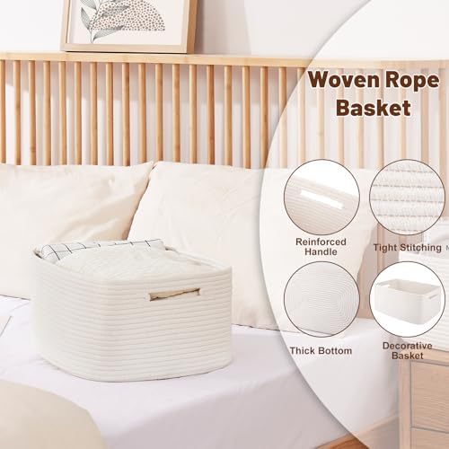 OIAHOMY Storage Basket for Shelves, Closet Cube Storage Bins Baskets for Clothes Blanket Towels, Baby Nursery, Toy Baskets Box, Woven Rope Basket, 17.72 * 12.99 * 7.87 IN, 2 Packs White - Image 3
