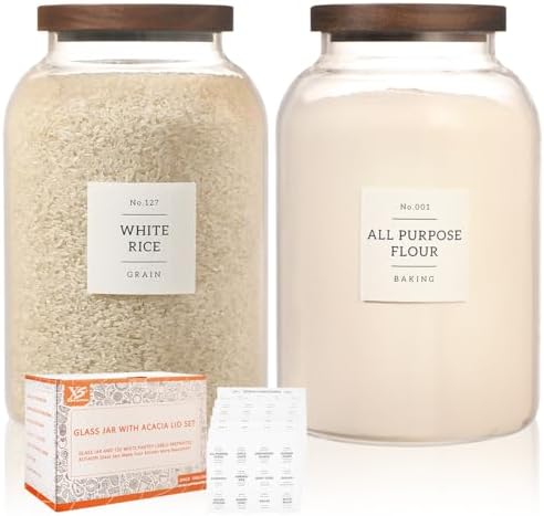 2 Pack Large Glass Flour and Sugar Storage Containers with Airtight Acacia Wood Lids and 132 Kitchen Pantey Labels Preprint - 1 Gallon Borosilicate Glass Canister Sets for Food,Pasta,Cookie,Rice by XOTAISM