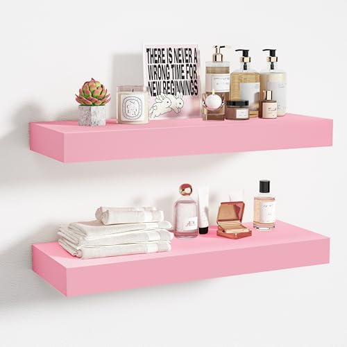 BAMEOS Pink Floating Shelves for Wall, 16" x 6" Wall Shelves for Room, Floating Book Shelves, Hanging Shelves for Bedroom, Bedroom, Living Room, Kitchen (Set of 2) by BAMEOS