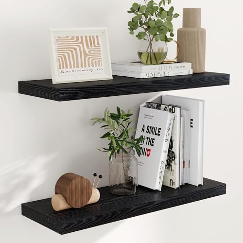Fun Memories 32" W x 9.3" D Floating Shelves in Black, Rustic Wood Deep Shelves for Bedroom, Kitchen, Living Room, Long Floating Shelf for Wall, Storage Display Wall Shelf for Books Decor by FunMemories