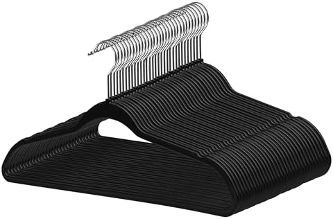 Quality Hangers 50 Pack Slim Plastic Hangers for Clothes - 16.5" Won't Crease Your Clothes, Heavy Duty Non-Velvet Black Hangers 360° Swivel Chrome Hook Non Slip Notches Dresses Coats Shirts Jackets by QualityHangers