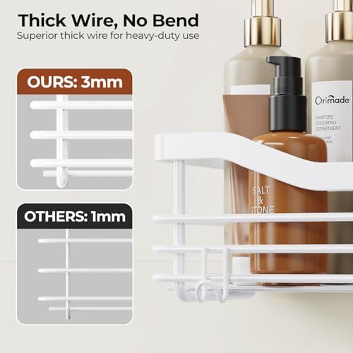 Orimade Shower Caddy Basket Shelf Storage Rack, No Drilling Wall Mounted Adhesive Rust Resistant Stainless Steel Shower Organizer with 5 Hooks for Bathroom, White 2 Pack - Image 4