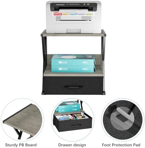aboxoo Printer Stand for Desk with Storage Drawer, 2 Tier Desktop Or Under Desk Shelf, Multi-Purpose Desks Organizer for Home Office, fit Fax Machine/3D Printer/Scanner, Grey - Image 7