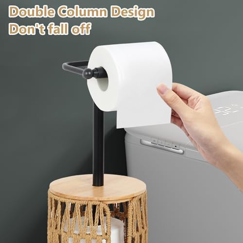 Trongee Freestanding Toilet Paper Holder with Storage,3 Rolls of Boho Toilet Paper Holder Stand with Lid,Gold Toilet Tissue Holder Stand Rattan Paper Storage Wicker Toilet Roll Holder Basket - Image 2