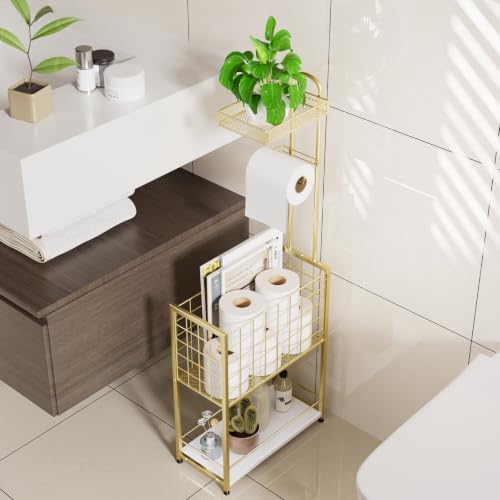 SWTYMIKI Freestanding Toilet Paper Holder - 4-Tier Free Standing Toilet Paper Holder Stand with Large Basket, Stand Mega Roll Storage Rack for Extra Rolls, Magazines, Wet Wipes, Gold - Image 4