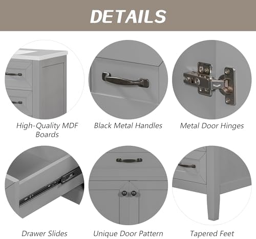 Flieks 36" Bathroom Vanity Without Sink, Cabinet Base Only, Bathroom Cabinet with Drawers, Solid Frame and MDF Board, Grey - Image 6