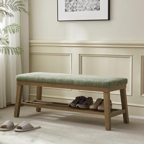 VKNOW Entryway Bench, Storage Shoe Bench with Rubberwood Legs, Green by VKNOW
