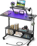 Height Adjustable Standing Desk with Power Outlets and LED Lights - 32" Manual Stand Up Desk with Monitor Stand and Storage Shelves Small Mobile Rolling Computer Desk Portable Laptop Table, Black by Besiost