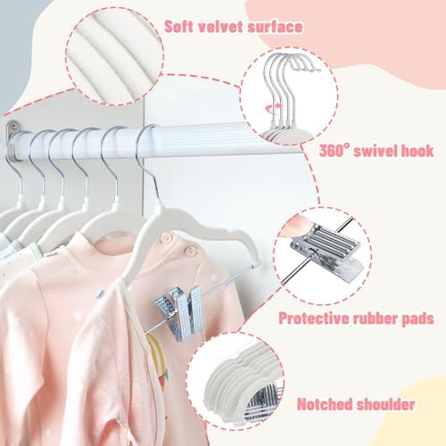 ManGotree 11.8'' Baby Velvet Hangers with Adjustable Clips 28 Pack White - Image 3