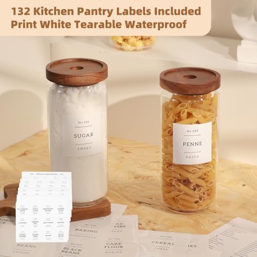 3 Pack Glass Canisters with Airtight Acacia Lids and 132 Kitchen Pantey Labels Preprint - 36 Fl OZ Borosilicate Glass Pantry Storage Jars Containers with Wooden Lids for Tea,Sugar,Cookie,Pasta,Candy - Image 6