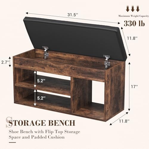 Apicizon 31 Inches Storage Bench with Padded Cushion, Shoe Bench with Storage Space, Upholstered Entryway Bench for Living Room, 2-Tier Shoe Rack Organizer, Brown - Image 2