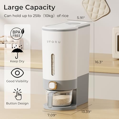 UFORU Rice Dispenser 23-25 LB,Airtight Storage Container,Measuring Cup - Image 3
