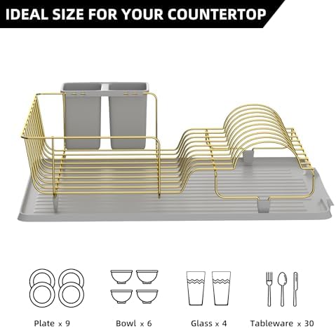 Buruis Dish Drying Rack for Kitchen Countertop, Large Capacity Gold Stainless Steel Dish Drainer with Anti-Slip Rubber Feet, Removable Drain Board and Utensil Holder (Gray Tray) - Image 4