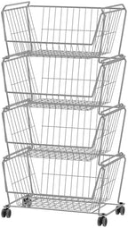 PUSDON 4-Tier Large Stackable Wire Storage Baskets with Wheels, Metal Rolling Utility Cart Organizer, Fruit and Vegetable Produce Basket for Kitchen Pantry, Bathroom Floor Shelf, Silver Grey by PUSDON