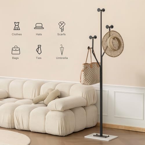 JIAYUEJU Freestanding Coat Rack Marble Base Coat tree Heavy Duty(Black) | Tree-shaped Easy Assembly Space Saver Metal Frame 8 Hooks for Entryway Bedroom Living Room Office Corner - Image 4