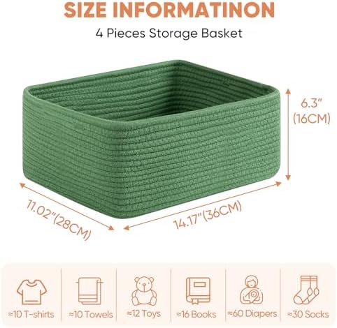 OIAHOMY 4 Pack 14.17 * 11.02 * 6.3IN Storage Baskets for Organizing Shelves, Woven Rope Baskets for Organizing Books, Clothes, Decorative Basket for Living Room, Nursery, Bedroom, Gift Basket, Green - Image 2