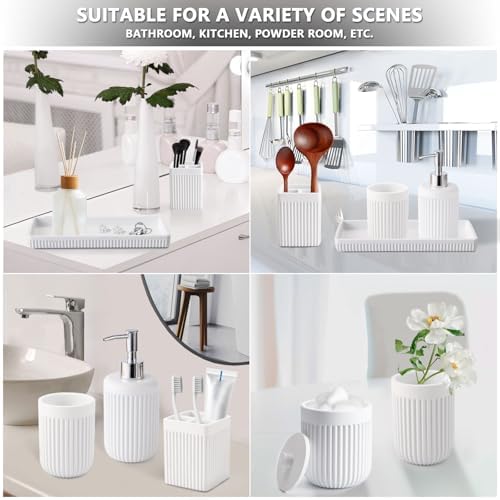 XLHOMO Resin White Bathroom Accessories Set 5 Pcs, Lotion Soap Dispenser, Toothbrush Holder, Bathroom Tumbler, Qtip Holder and Vanity Tray, Bathroom Countertop Organizer Set for Modern Home Apartment - Image 6