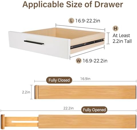 Adjustable Bamboo Drawer Dividers of 8, Expandable Organizers (16.9"-22.2") - Image 2