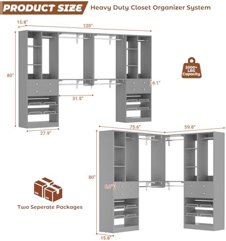 10FT Closet System with 4 Drawers, 120" Closet Organizer System with 6 Hanging Robs & Reversible Hanging Shelving, Closet Systems for Walk-in Closets, Load 2000+LBS, Morandi Grey 2 Pack - Image 3