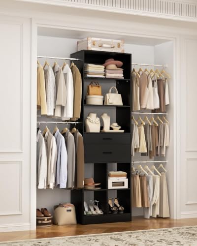 Besiost Small Closet System, 3.2-6.8FT Small Closets Organizer with 2 Wooden Drawers & 5 Hanging Rods, Can Fit 37.5 to 81.9 inch Walk-in Closet System, Black, Enclosed Storage Volume 2.32 ft³ by Besiost