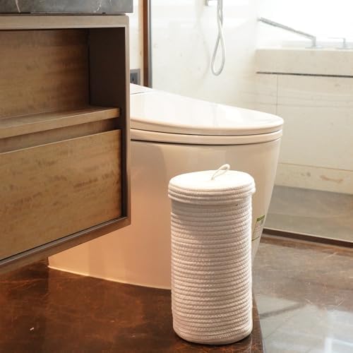 Toilet Paper Holder Handmade – Woven Cotton Toilet Paper Stand & Storage Basket with Lid, Freestanding Organizer for Bathroom, Fits 3 Mega Rolls Gradient Brown 14'' x 7'' - Image 3