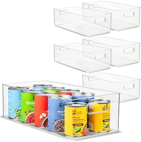 Plastic Food Storage 6 Pack Clear Container Bin with Handles for Organizing Kitchen, Pantry, Refrigerator, Freezer, Pantry, Cabinet, Closet, Bathroom. 16”x8”x5” by primebox