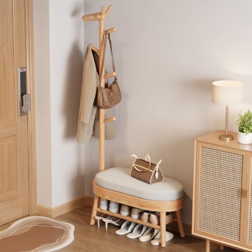 AQIMUELE Shoe Bench with Coat Rack, Shoe Rack with 9 Hooks, Natural by AQIMUELE