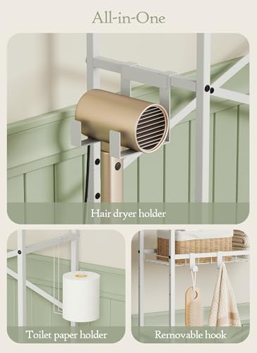 Quikraen 4 Tier Over The Toilet Storage Shelf with 3 Adjustable Shelves, Space Saver Bathroom Organizer with 4 Hooks, Freestanding Above Toilet Rack for Restroom Laundry (White) - Image 4