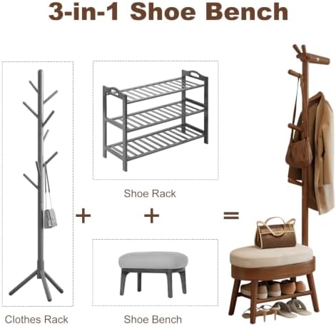 AQIMUELE Shoe Bench with Coat Rack, Shoe Rack with 9 Hooks, Walnut - Image 4