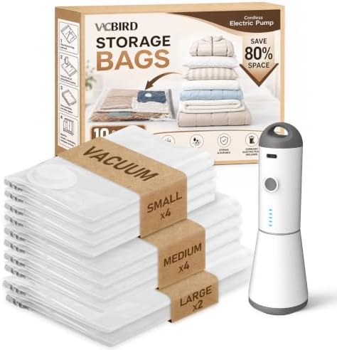Vacbird Vacuum Storage Bags for Clothing Travel, 10 Pack Vacuum Bags with Rechargeable Cordless Air Pump(2 Large+4 Medium+4 Small), Compression Packing for Clothes Blanket Suitcase Luggage by VACBIRD