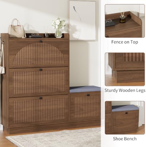 Shoe Cabinet with Bench, 4‑Flip Drawer Fluted Shoe Storage Cabinet with Removable Adjustable Shelves, Side Hooks & Anti‑Tip Device, Freestanding Entryway Shoe Organizer for Hallway, Walnut - Image 5