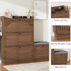 Shoe Cabinet with Bench, 4‑Flip Drawer Fluted Shoe Storage Cabinet with Removable Adjustable Shelves, Side Hooks & Anti‑Tip Device, Freestanding Entryway Shoe Organizer for Hallway, Walnut - Image 5