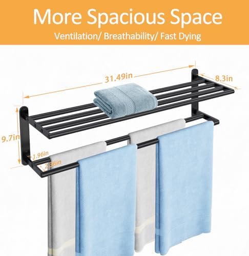 Double Towel Racks for Bathroom, Towel Shelf with Double Towel Bar 32 inch, Towel Rack with Shelf for Bathroom, Stainless Steel Towel Holder Wall Mounted, Towel Storage for Bathroom Lavatory Black - Image 6