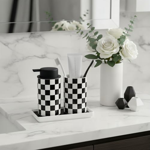 Bathroom Toothbrush Holder Set, Ceramic Soap Dispenser and Tooth Brush Holder Set, Modern Bathroom Accessories Sets Countertop, Black and White Checkered Bathroom Decor Set - Image 5