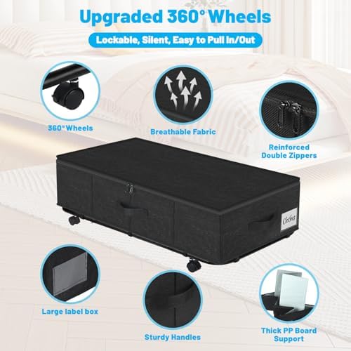 Large Sturdy Under Bed Storage with Wheels, 2 Pack 50L Rolling Underbed Storage Bins, Under Bed Containers Drawer with Metal Bottom Support, Bedroom Organizer with Lids for Clothes, Shoes, Blankets - Image 3